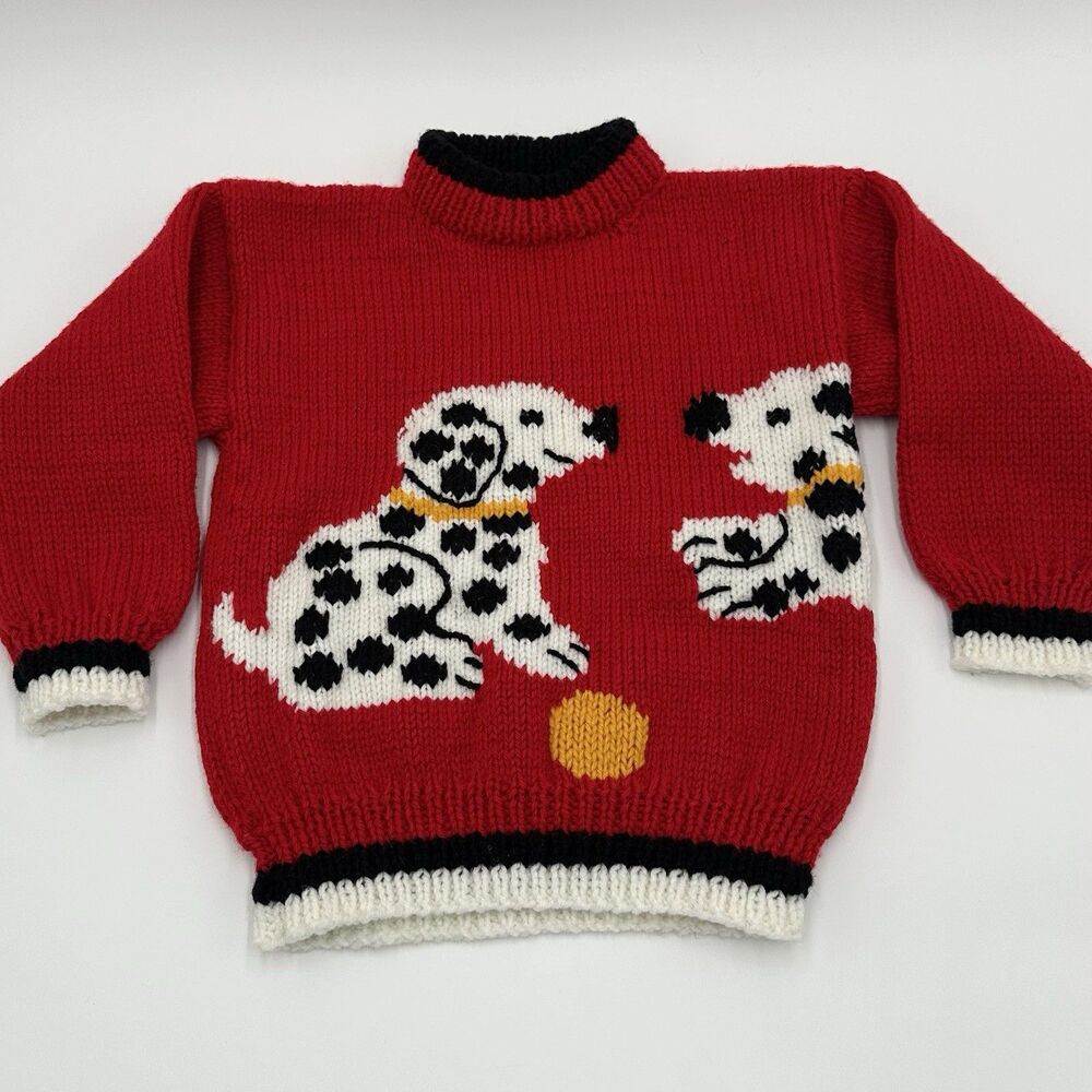 Vintage Children's Red Sweater Dalmatians Handmade Knit Animal Intarsia Novelty